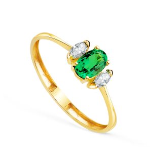 18K SORTIJA ORO AMARILLO DIAMANTES Y ESMERALDA RECRISTALIZADA 6X4 MM 0,40 QT DIAMANTES 0,134QT. E - VS2