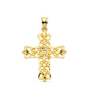 18K CRUZ ORO AMARILLO FILIGRANA BORDES TALLADOS. 35X29 MM