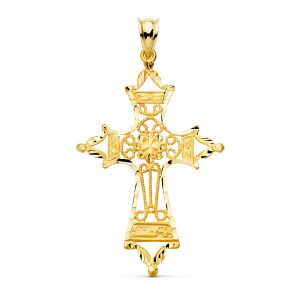 18K CRUZ ORO AMARILLO FILIGRANA BORDES TALLADOS. 46X30 MM