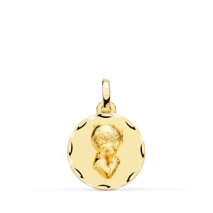 9K MEDALLA ORO AMARILLO NIÑO DE COMUNION PERFIL TALLADA 16 MM